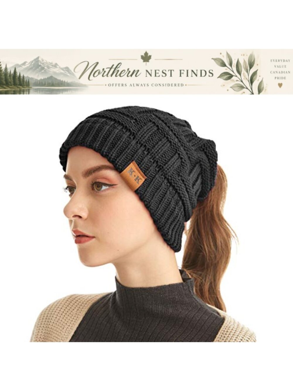 Ponytail Toque Women Knitted Winter Beanie Acrylic Stretch Messy Bun Hat